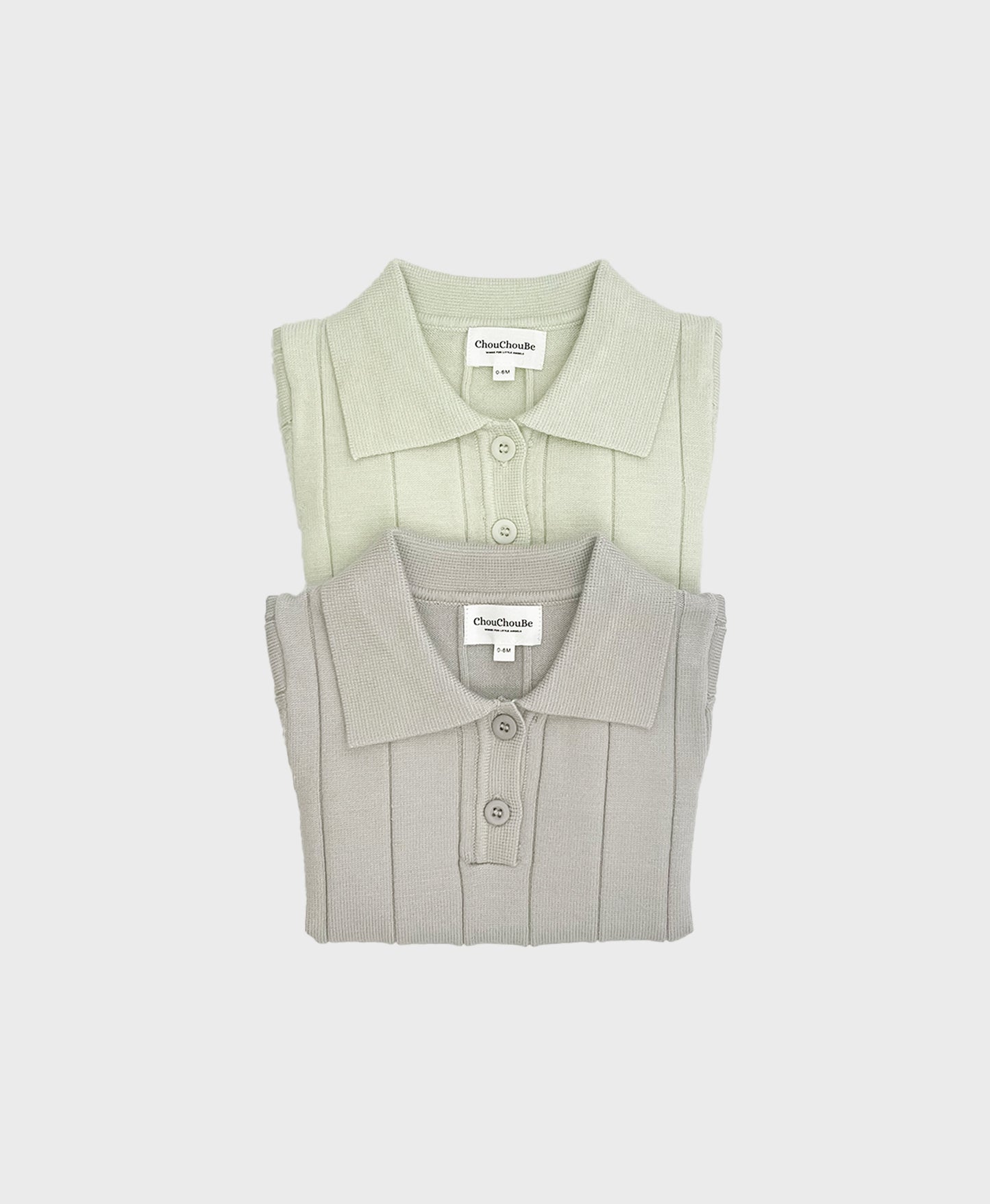 Soft knit polo shirt in grey and green, designed for baby boys. Perfect for formal occasions and dedication ceremonies.
