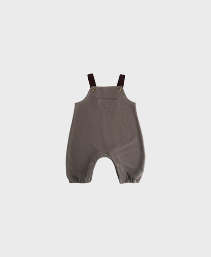 Brown sleeveless overall with brown straps for hip baby boy with snap buttons.