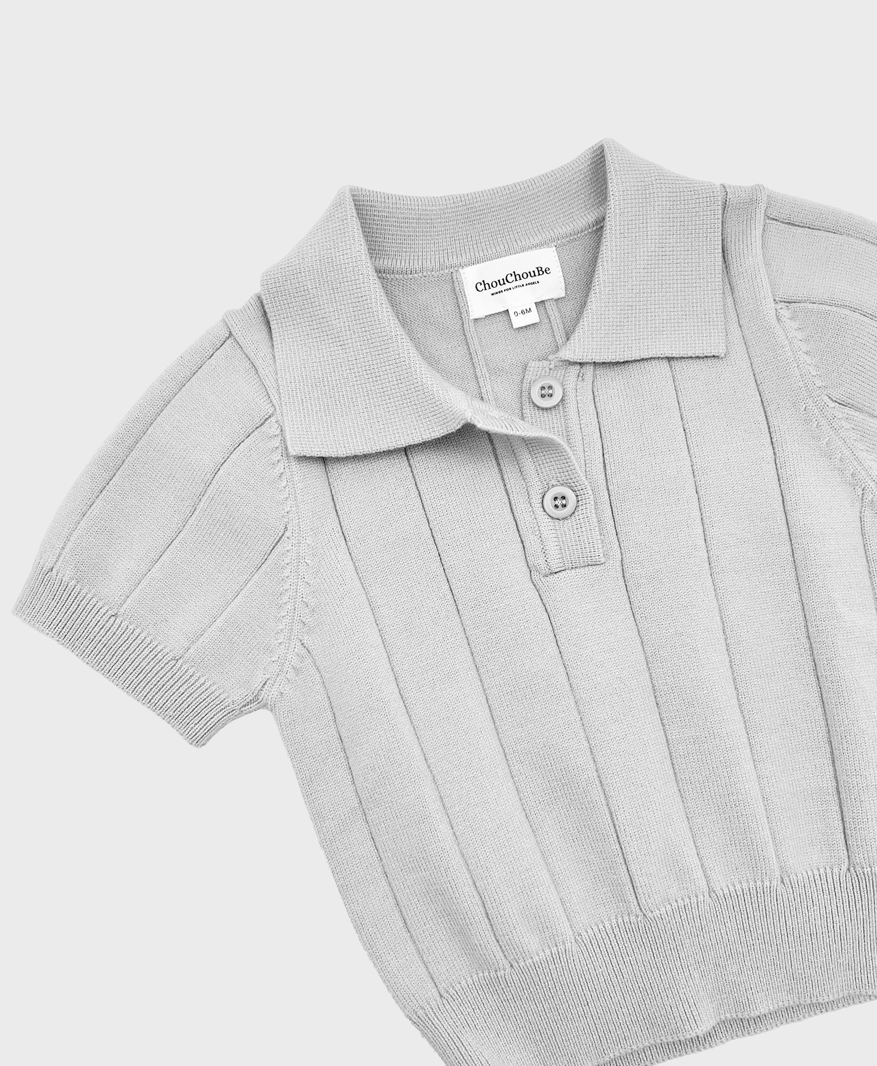 A cute and formal grey polo shirt with a collar, ideal for baby boy dedication clothes. Soft and comfortable knit fabric.