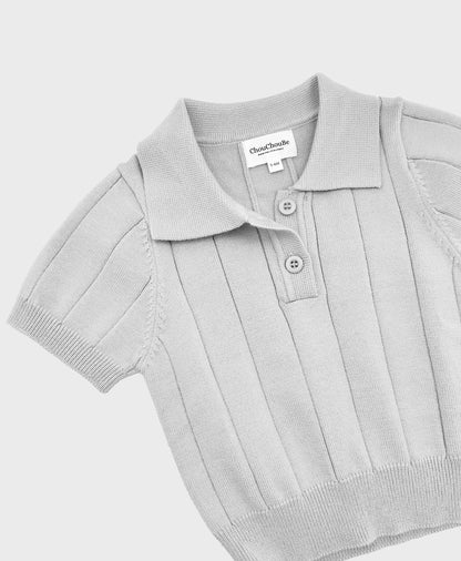 A cute and formal grey polo shirt with a collar, ideal for baby boy dedication clothes. Soft and comfortable knit fabric.