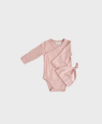 Pink Newborn set with hat, featuring kimono one piece design with snap buttons on crotch.