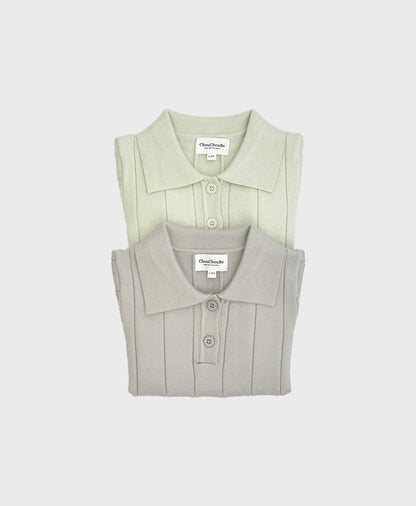 Soft knit polo shirt in grey and green, designed for baby boys. Perfect for formal occasions and dedication ceremonies.