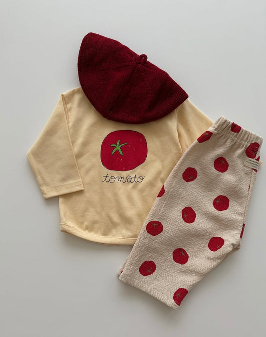 Toddler's outfit with yellow tomato shirt and pants