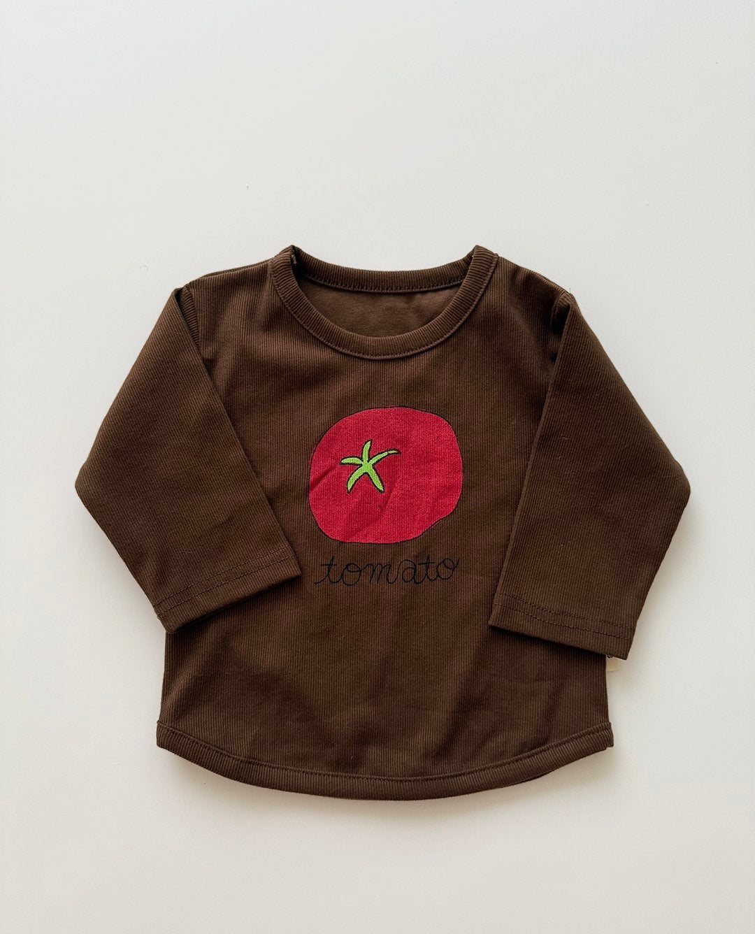 Brown long-sleeve shirt with a tomato graphic toddler's shirt