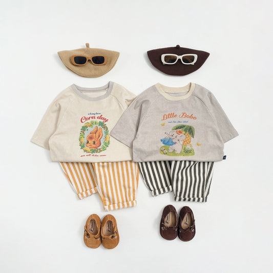 Children's clothing set with two overfit tshirts, shorts, shoes, and hats