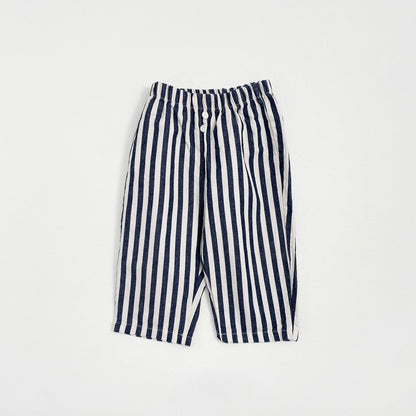 Navy Striped toddler's pants with a button detail