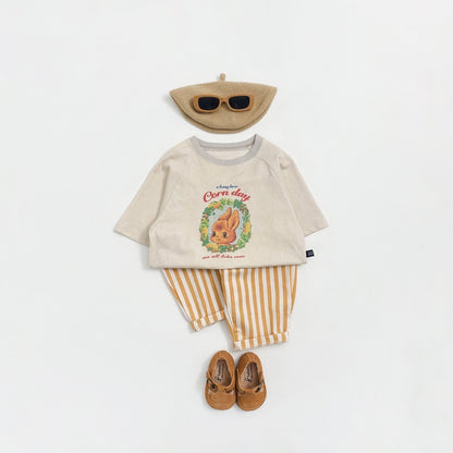 Toddler's outfit with a shirt, striped pants, shoes, and a hat
