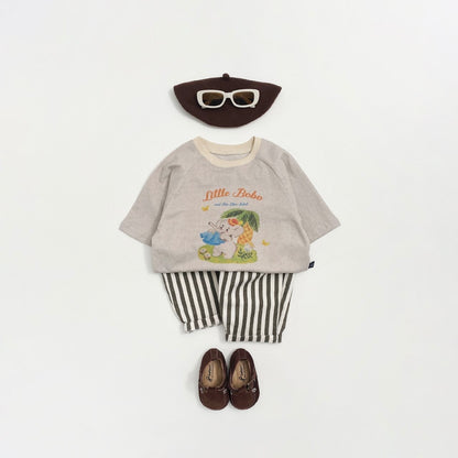 Children's outfit with gray vintage shirt, striped pants, hat, and shoes