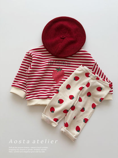 baby toddler's outfit with red and white striped shirt, red beret, and strawberry-patterned design