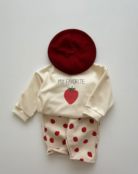 Baby outfit with red beret, white sweatshirt with strawberry design