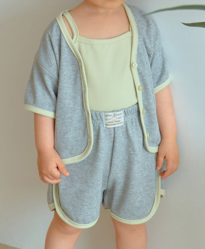 3-piece waffle knit set in neutral tones, representing stylish toddler boy clothes with Korean design