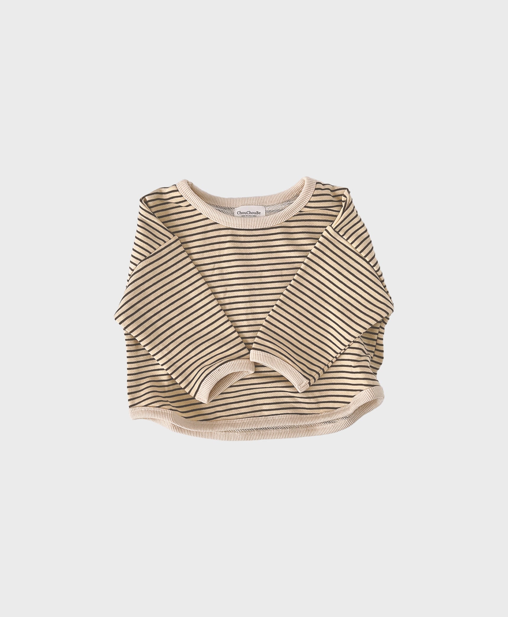 Beige loose-fitting baby sweatshirt with a delightful striped pattern, designed for trendy baby clothes boy