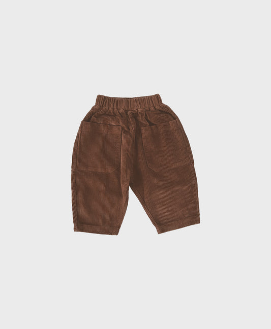 Brown baby corduroy pants featuring spacious front pockets for added convenience and style for baby boy dedication clothes