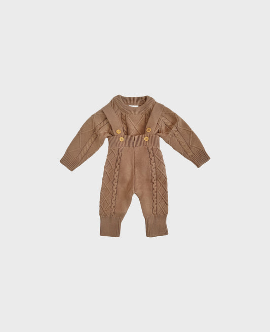 Brown colored knitted baby onesie with cable knit patterns and suspenders for baby boy dedication clothes and baby christening outfit boy