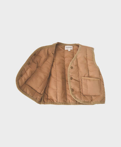 Brown baby windproof quilted puffer vest featuring front pockets for trendy baby clothes boy and hip baby boy clothing