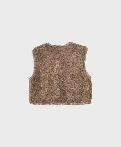 Brown cozy baby vest made of soft fleece, showcasing front pockets, perfect for baby boy dedication clothes and baby christening outfit boy