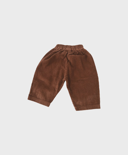 Brown baby corduroy pants with large front pockets, designed for comfort and trendy baby clothes boy