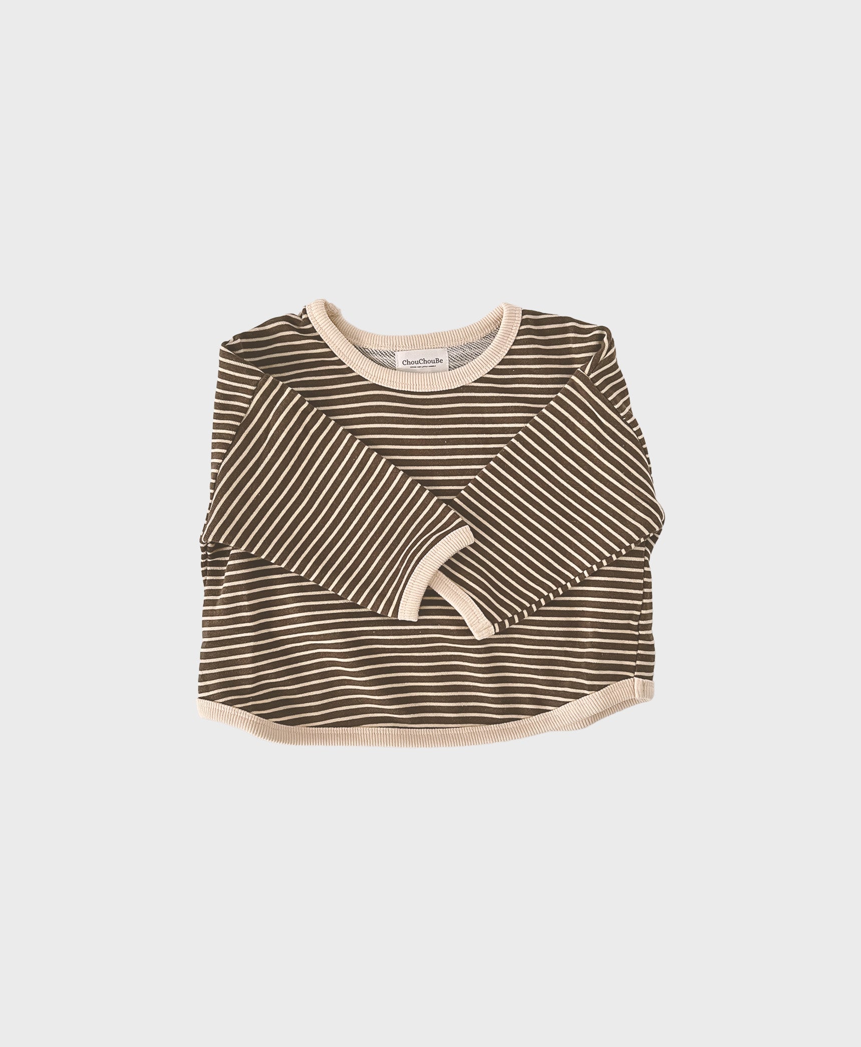 Brown loose-fitting baby sweatshirt with a delightful striped pattern, designed for trendy baby clothes boy