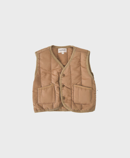 Brown baby windproof quilted puffer vest featuring front pockets for baby boy boutique clothing