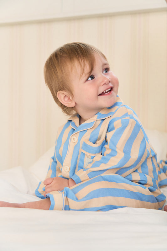 Mom and son matching outfits featuring cool-colored pajama sets in soft, breathable fabric