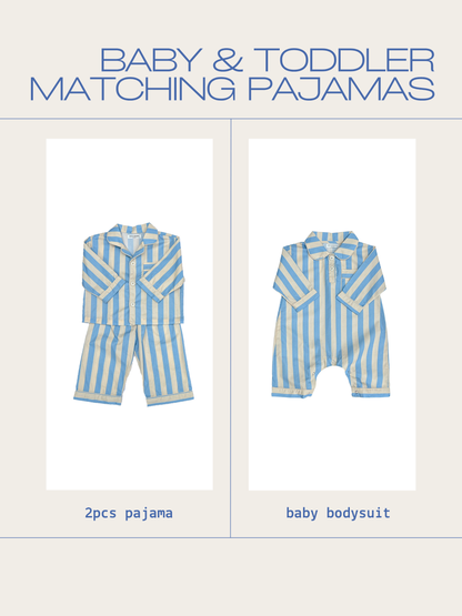 Baby and toddler matching pajamas set with two-piece pajama and baby bodysuit.