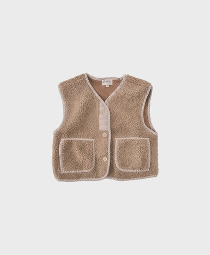 Brown soft fleece baby vest featuring front pockets, designed for comfort and style in a sleeveless design for baby boy dedication clothes