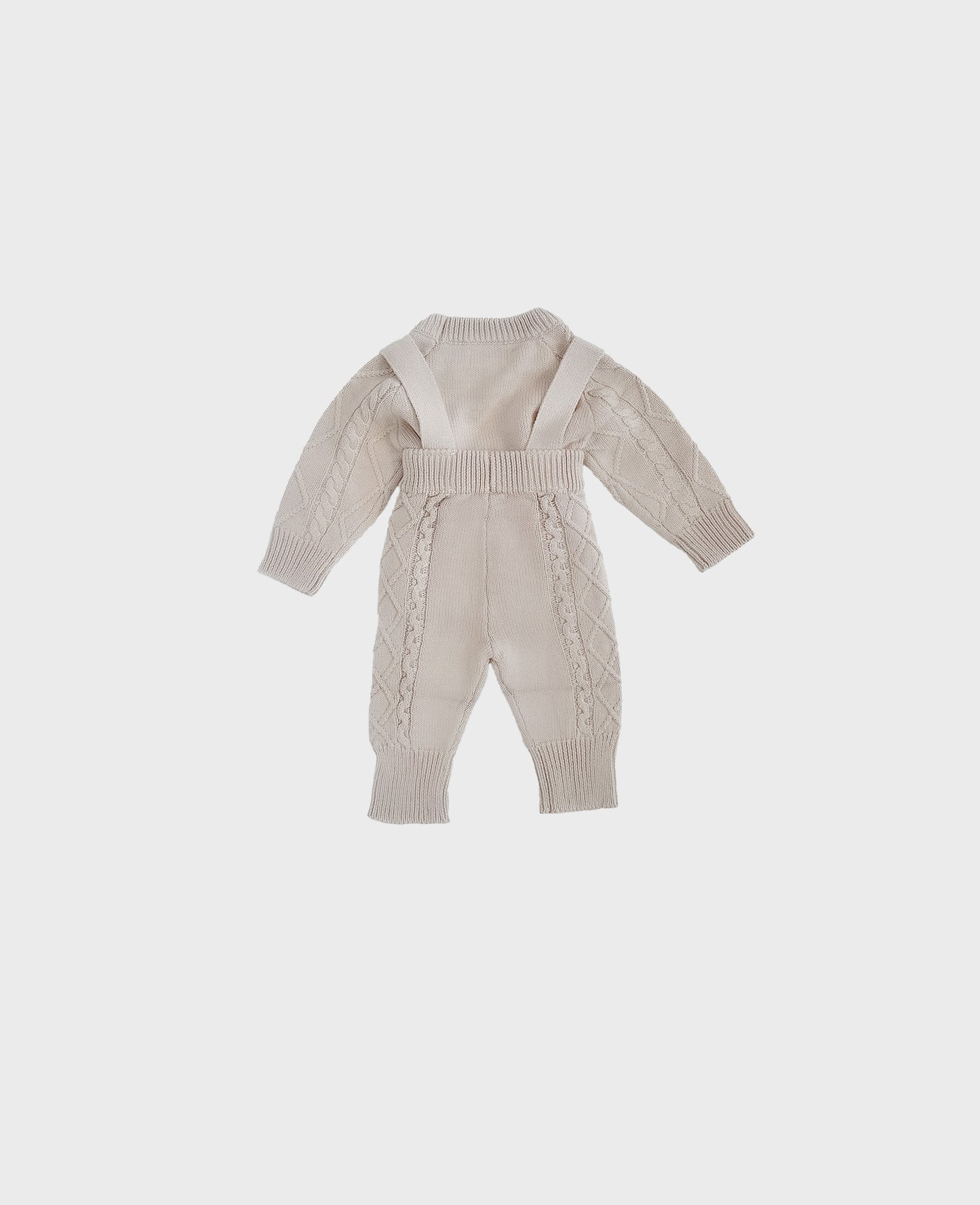 Grey colored knitted baby onesie with cable knit patterns and suspenders for baby boy dedication clothes and baby christening outfit boy