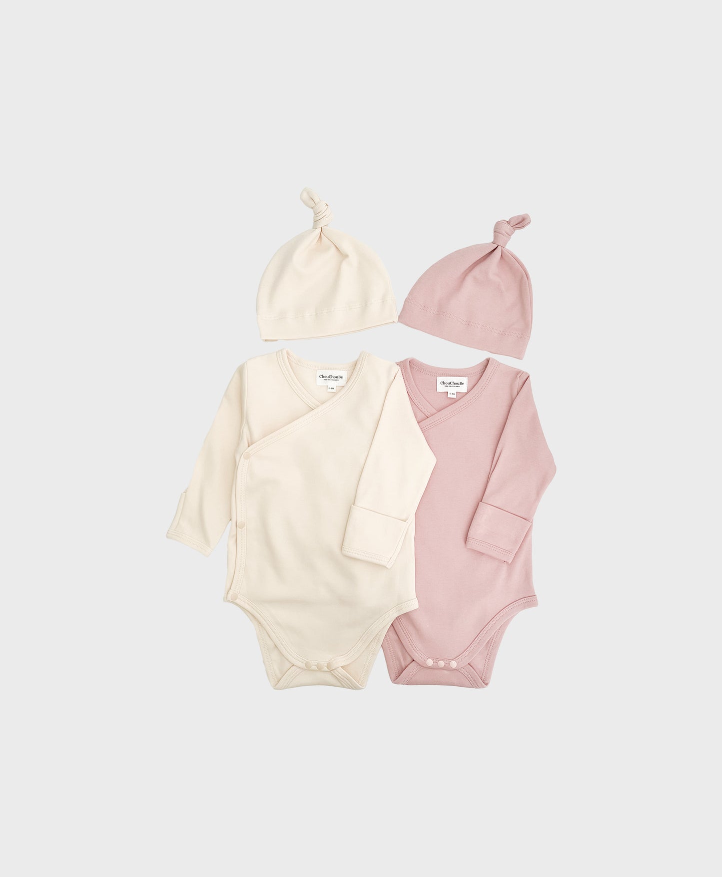 Baby bodysuit and matching hat, designed as kimono one piece with convenient snap buttons.