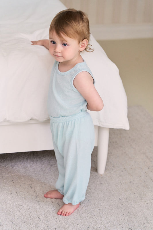Cool baby boy clothes featuring a waffle-textured cardigan with comfy elastic pants