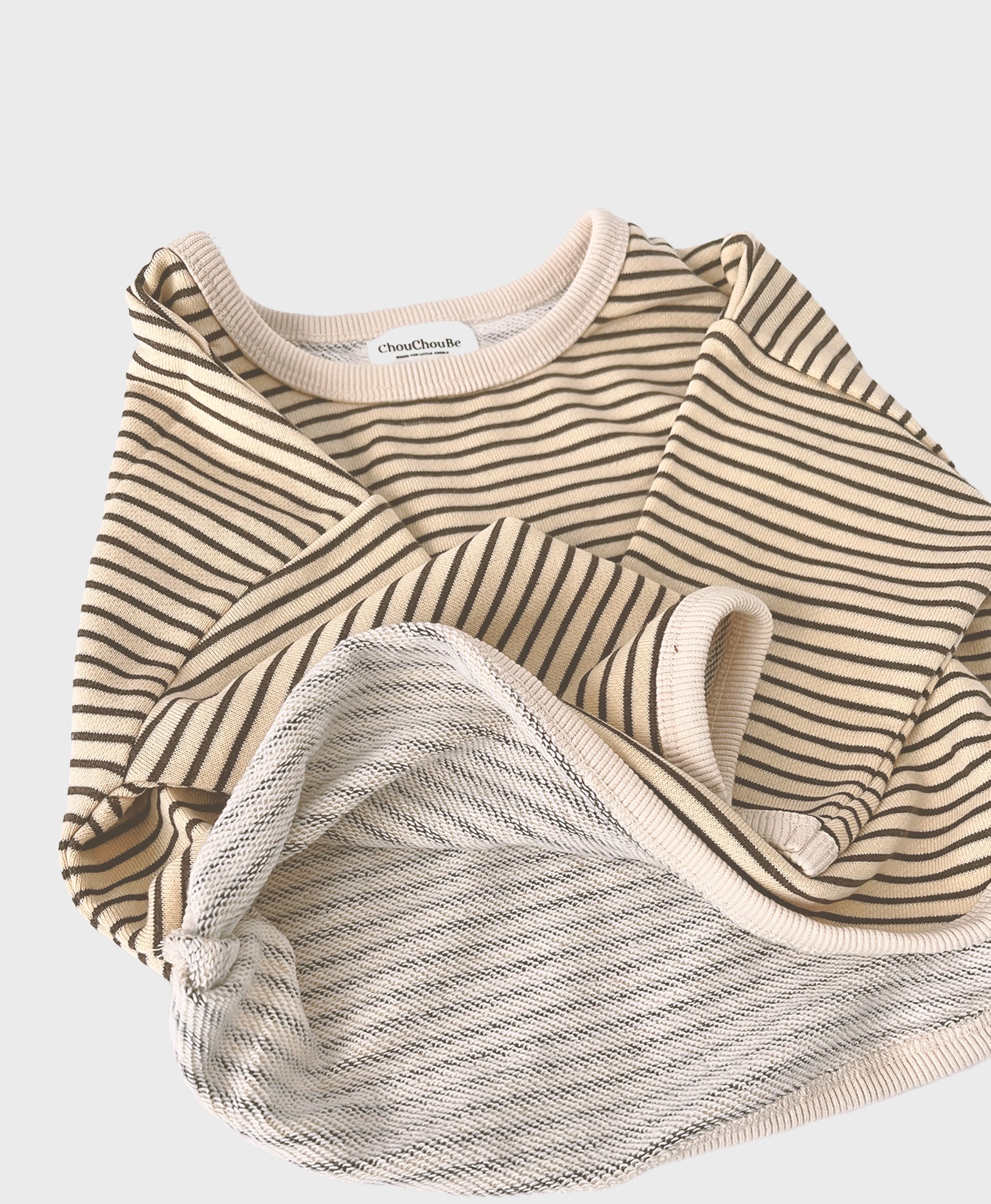 Beige loose-fitting baby sweatshirt with a delightful striped pattern, designed for baby christening outfit boy