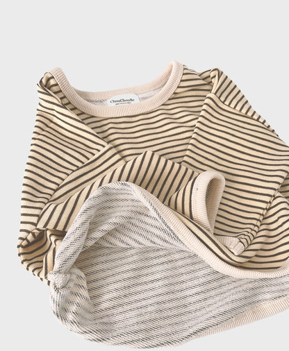 Beige loose-fitting baby sweatshirt with a delightful striped pattern, designed for baby christening outfit boy