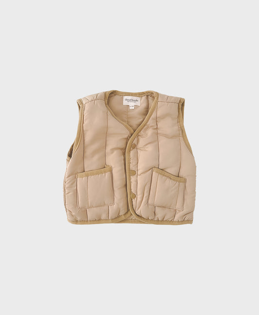 Beige baby windproof quilted puffer vest featuring front pockets for baby boy boutique clothing