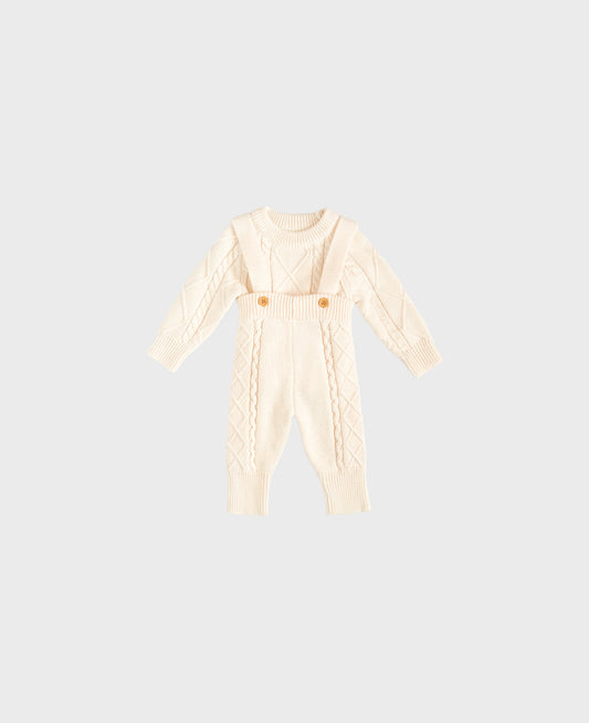 white knit jumpsuit made from cable knit fabric for baby boy clothes